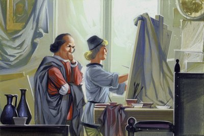 A fiatal Leonardo Da Vinci asszisztál mesterének, Verrocchiónak Krisztus megkeresztelésénél (gouache, papír) alkotó: Angus McBride