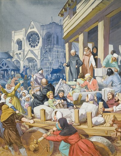 Suger apát (1081-1151 körül) és a Szent Denis apátság épülete (gouache, papír) alkotó: Angus McBride