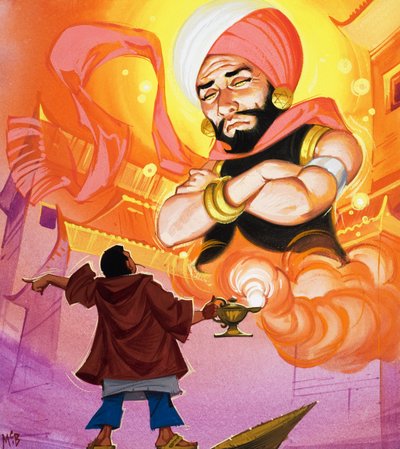 Aladdin parancsol a dzsinnnek, illusztráció az "Aladdin és a csodálatos lámpás" című könyvből (gouache, papír) alkotó: Angus McBride