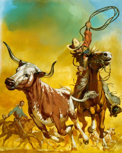 Cowboy lasszóval szarvasmarhát fog (gouache, papír) alkotó: Angus McBride