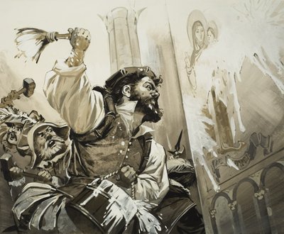 Fanatikusok ostromolják a bázeli templomokat a protestáns Svájcban (gouache, papír) alkotó: Angus McBride