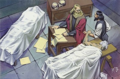 Leonardo Da Vinci az emberi anatómiát vizsgálja, kórházban elhunyt emberek holttestének felhasználásával (gouache, papír). alkotó: Angus McBride