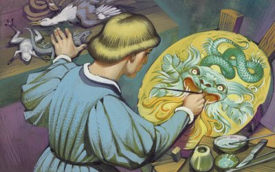Leonardo Da Vinci egy pajzsot fest, hogy lenyűgözze apját (gouache, papír) alkotó: Angus McBride