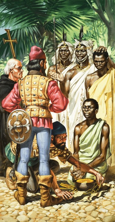 A portugál felfedezők a Zöld-foki-szigetekre és a Gambia folyóra érkezve aranyat cserélni hajlandó bennszülötteket találtak. alkotó: Angus McBride