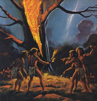 Az őskori ember és a tűz (színes litográfia) alkotó: Angus McBride