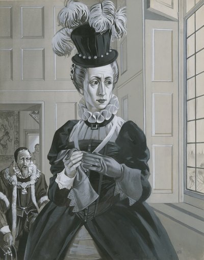 I. Erzsébet királynő a skót Mária királynő kivégzésének hírét hallva (gouache, papír) alkotó: Angus McBride