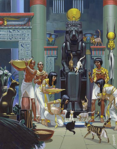 Macskákat etető szolgák egy ókori egyiptomi templomban (gouache, papír) alkotó: Angus McBride