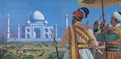 Shan Dzsahán nézi a Tadzs Mahal építését (színes litográfia) alkotó: Angus McBride