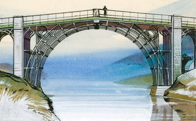 Az első vashíd Nagy-Britanniában, az Ironbridge-szurdoknál. alkotó: Angus McBride