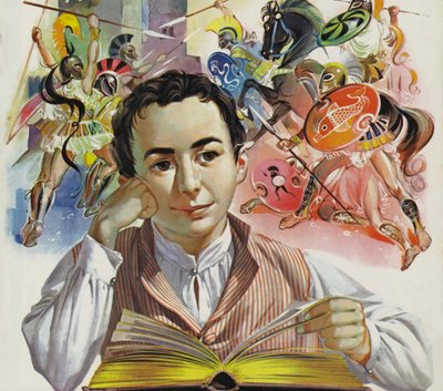A fiatal Heinrich Schliemann egy letűnt Trójáról álmodik (színes litográfia) alkotó: Angus McBride