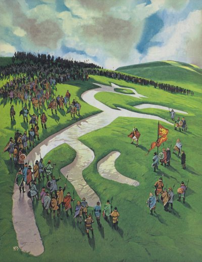 Uffington White Horse, amelyet Nagy Alfréd építtetett a dánok elleni ashdowni csata után (színes litográfia) alkotó: Angus McBride