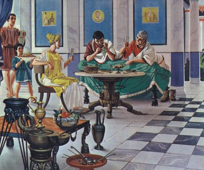 Gazdag római család, étkezés közben (színes litográfia) alkotó: Angus McBride