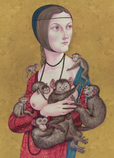 Woman With Monkeys, 2016 (akrilfesték illusztrációs kartonra) alkotó: Anita Kunz