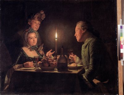 Gyertyafényes vacsora (Vacsora gyertyafénnyel). Anna Dorothea Therbusch Lisiewska (1721-1782) festménye. Olaj, vászon, 95,5 x 117 cm alkotó: Anna Dorothea Lisiewska