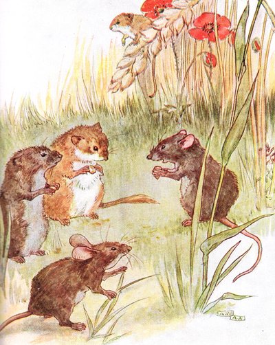 „Barátokkal lakom az országban”, illusztráció a „The Mischievous Mouse Book” című könyvből, Thomas Nelson und Sons, 1920-as évek alkotó: Anne Anderson