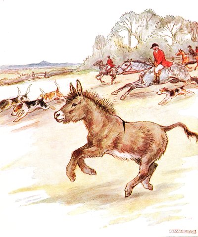 "Életem legjobb napja volt ma. Piros kabátos emberek lovakon és sok kutya galoppozott át a mezőmön", illusztráció a Thomas Nelson und Sons által kiadott "The Naughty Neddy Book" című könyvből, 1920-as évek (színes). alkotó: Anne Anderson
