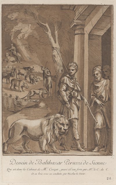 Egy pásztor oroszlánt tart pórázon az előtérben, középen a sh..., kb. 1729-64 alkotó: Anne Claude Philippe de