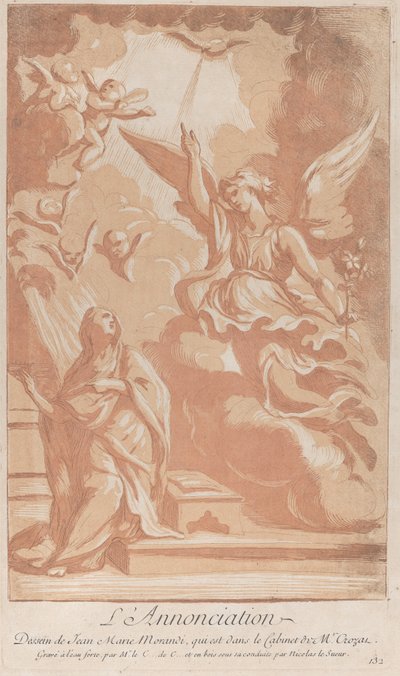 Az Angyali Üdvözlet bal oldalon térdelt Szűzzel és jobbra Gábriellel, kb. ..., kb. 1729. alkotó: Anne Claude Philippe de Caylus