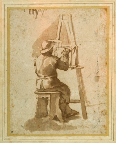 Egy fiatal festő a festőállványánál ül (toll és tinta krétával a papíron) alkotó: Annibale (follower of) Carracci