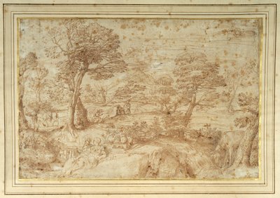Tájkép a többiekkel egyiptomi repülés közben, Annibale Carracci után (toll és barna tinta papíron) alkotó: Annibale (studio of) Carracci