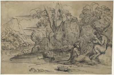 Táj egy fuvolán játszó szatírral, nővel és puttóval alkotó: Annibale Carracci (attributed to)