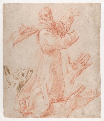 Carracci - Tanulmányok a térdelő Szent Ferenc alakjához háromnegyedes nézetben és a kezeihez (recto), 1583-85 alkotó: Annibale Carracci