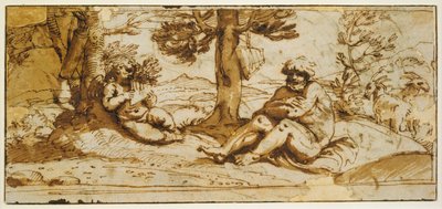 Flötenspielender Amor und Silenus in einer arkadischen Landschaft alkotó: Annibale Carracci