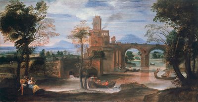 Folyói táj várral és híddal, 1598 körül (olaj, vászon) alkotó: Annibale Carracci