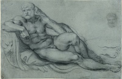 Pihenő Herkules tanulmánya, fejének és lábának különálló tanulmányaival (recto); téglalap alakú rácsmintázat (verso). alkotó: Annibale Carracci