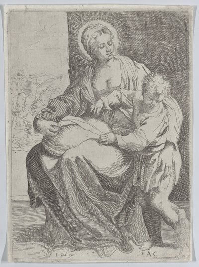 A Szűzanya párnát tartva az ölében ül, jobb oldalán a fiatal Krisztussal..., 1580-1600. alkotó: Annibale Carracci
