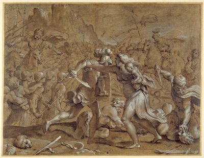 A rómaiak és a szabinok harca (toll és tinta mosóval és gouache papíron) alkotó: Annibale Carracci