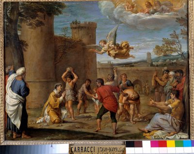 Szent István megkövezése: Szent István (Stephane), az első keresztény vértanú, aki megkövezéssel halt meg i.sz. 36-ban. JC. Annibale Carracci vagy Annibal Carrache (1560-1609) festménye. 16. század. Méret: 0,42 x 0,54 m Párizs, alkotó: Annibale Carracci