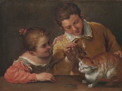 Két gyerek ugrat egy macskát (olaj, vászon) alkotó: Annibale Carracci