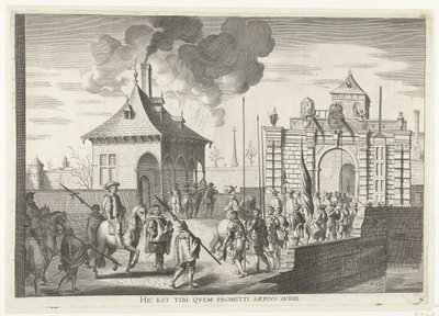 Aankomst bij de Brugse portt van Gent; intocht van Ferdinand te Gent 1635-ben (4. sz.) Itt van az, amit gyakran hallani ígért (cím a tárgyon) Brugens kapuja, ahol Ser. A bíboros belépett a városba alkotó: Anonymous