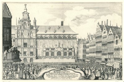 Afkondiging van de Vrede van Munster te Antwerpen, 1648 Kiadványa Peace Between Your K.M. Spanyolországból és az egyesült Hollandiából. Készült Antorffban, június 5-én, A.O. 1648 (cím a tárgyon) Publicatio Pacis, conclusae inter Regem His alkotó: Anonymous