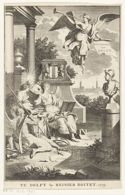 Delft allegóriája Delft leírása (cím az objektumon) Címlap ehhez: S.n., Beschryving der stadt Delft, 1729 alkotó: Anonymous
