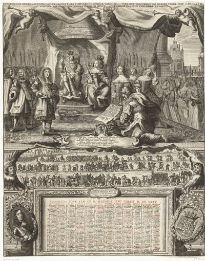 Az 1674-es Angliával való béke allegóriája és az 1675-ös év almanachja Vereenichde Nederlantsche danckbaerheyt, aen Carolus II. Coninck van Hisp. stb., hogy békét kössenek Carolus II. Coninck van Great Britannien, ende de reparation alkotó: Anonymous