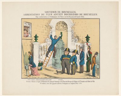Manneken Pis letartóztatása, 1845 Szuvenír Brüsszelből. Brüsszel legidősebb polgárának letartóztatása. Az 1845-ös Pissoir-ról szóló rendőrségi rendelet megsértéséért (cím a tárgyon) alkotó: Anonymous