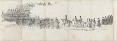Willem néhai király temetése Delftben 1849. április 4-én (1. oldal) II. Vilmos 1849-es temetési menetének öt összefüggő lapja (sorozat címe) alkotó: Anonymous
