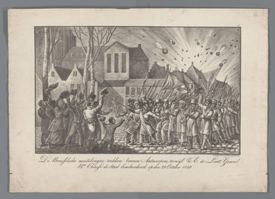 A brüsszeli lázadók Antwerpenbe költöznek, míg Z.E. de Luit Generl. bn. Chassé bombázta a várost 1830. október 28-án (cím a tárgyon) alkotó: Anonymous