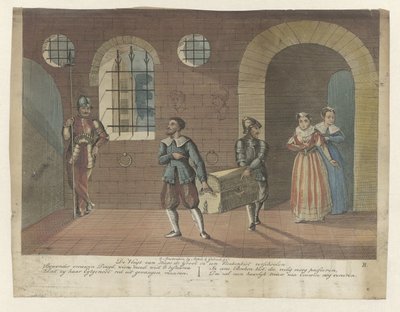 A könyvesládát, amelyben Hugo de Groot rejtették, a Loevestein-kastélyban lévő csónakba viszik, 1621 Hugo de Groot De Vlugtja egy könyvespolcban rejtőzik (cím a tárgyon) alkotó: Anonymous