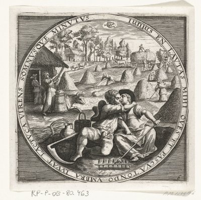 De maand juni, hooimaken, kb. 1600 De twaalf maanden van het jaar verbeeld in scènes uit het volksleven (sorozat címe) A 12 hónap sémái működésükkel, és az állatöv jegyekre való alkalmazása, négy évszakra bontva (sorozat címe tárgyon) alkotó: Anonymous
