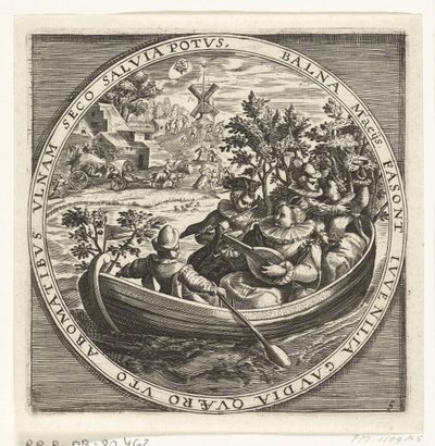 Május hónap, zenész társaság csónakban, 1600 körül Az év tizenkét hónapja a népszerű élet jeleneteiben (sorozat címe) Schemata XII Mensium sius operationibus, & ad signa zodiaci applicatione, in quatuor anni partes divisa (sorozat alkotó: Anonymous
