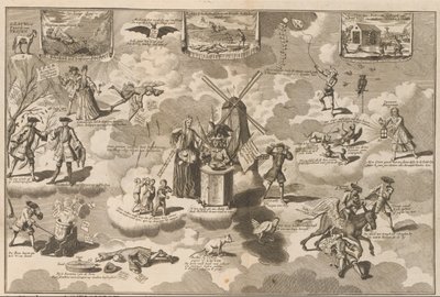 A legyőzött akcionista a csengőszékben, 1720 A Legyőzött Akcionista a székben Rinkelekkel, a Lauwerd trójai faló meggyőzte (cím a tárgyon) A bolondság nagy jelenete (sorozat címe) alkotó: Anonymous