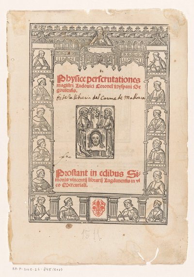Dekoratív keret tizenöt tudóssal Címlap ehhez: Luis Coronel, Physice perscrutationes, 1511 alkotó: Anonymous