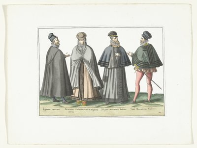 Három férfi és egy nő a külföldi divat szerint öltözve, 1580 körül Modes étrangeres (cím a tárgyon) alkotó: Anonymous
