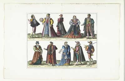 Dupla tányér öt férfival és öt nővel, angol divat szerint öltözve, 1580 körül Anglais jelmezek (cím a tárgyon) alkotó: Anonymous