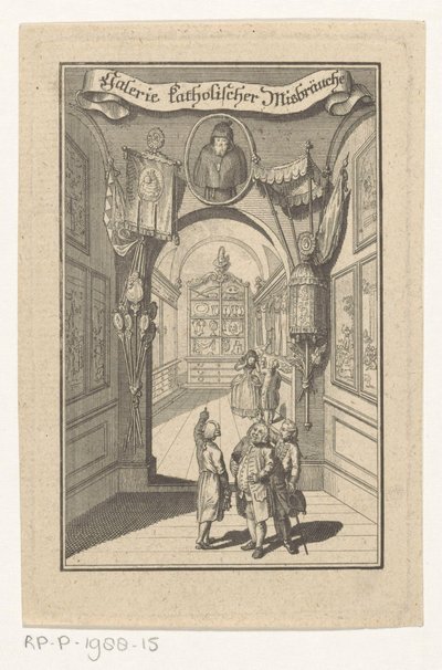 A galéria figurái liturgikus tárgyak portréjával találkoztak Katolikus bántalmazások galériája (cím a tárgyon) Címlap: Richter József, Katolikus visszaélések Képcsarnoka, 1784 alkotó: Anonymous