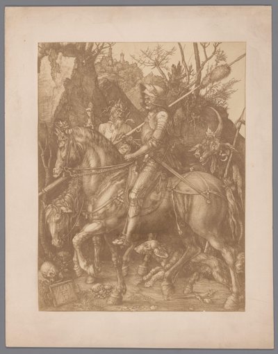 Albrecht Dürer Lovag, halál és ördög című metszet fotóreprodukciója alkotó: Anonymous