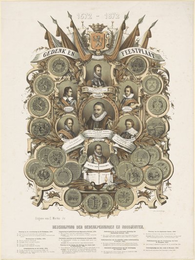 Emlék- és ünnepi tábla I. Vilmos orániai herceg, fiai, Maurits és Frederik Hendrik, Orange hercegei, testvérei, Lodewijk, Adolf és Hendrik, Nassau grófjai és Willem Bloys van Treslong portréival alkotó: Anonymous